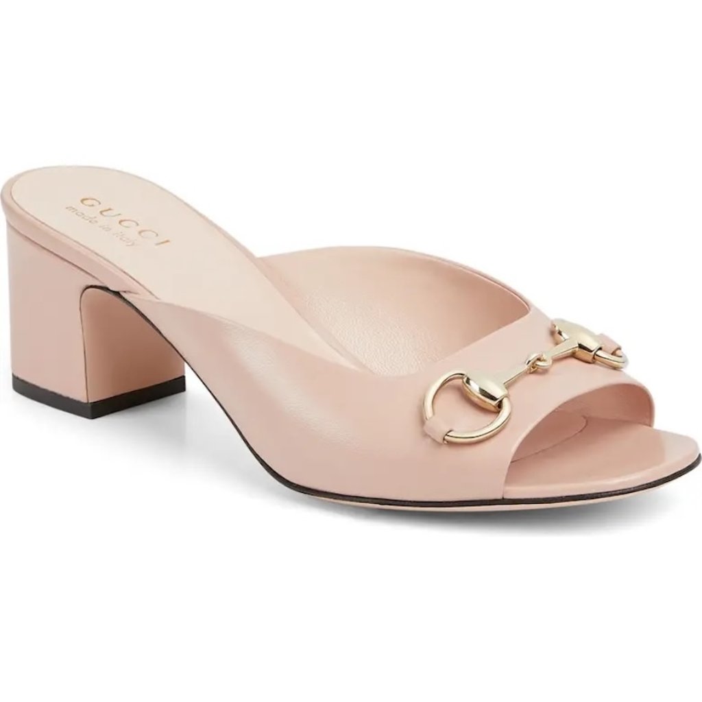 Gucci Lady Horsebit Leather Slide Sandals Mules Heels Shoes Light Pink